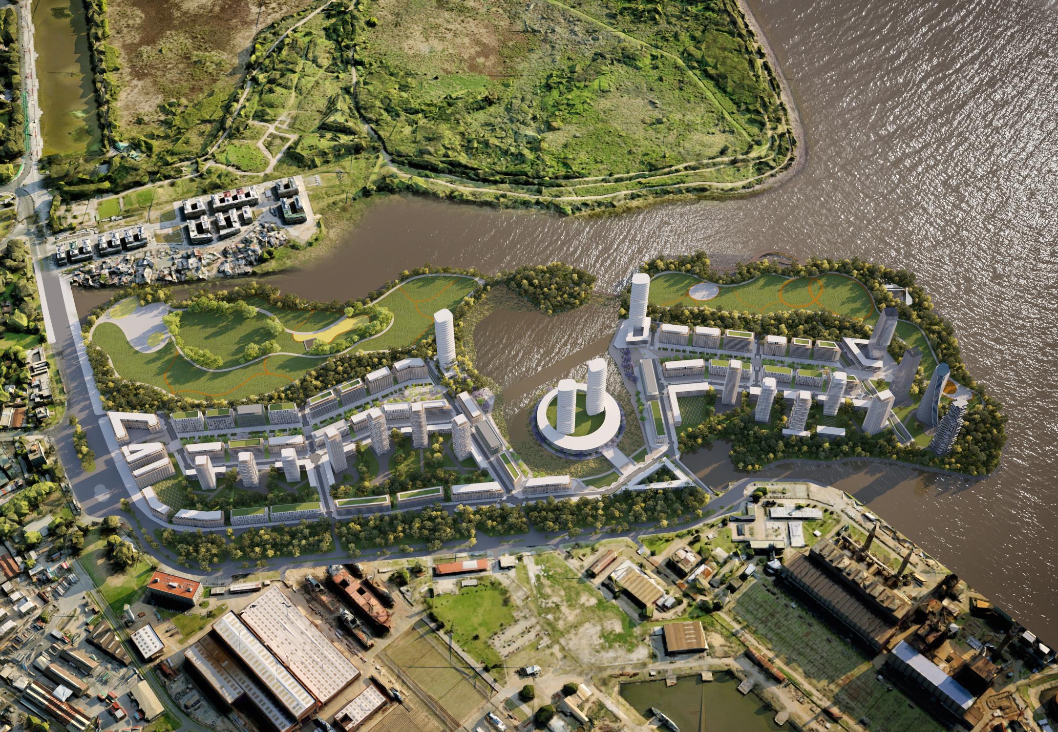 Render aéreo completo del masterplan de Ramblas del Plata